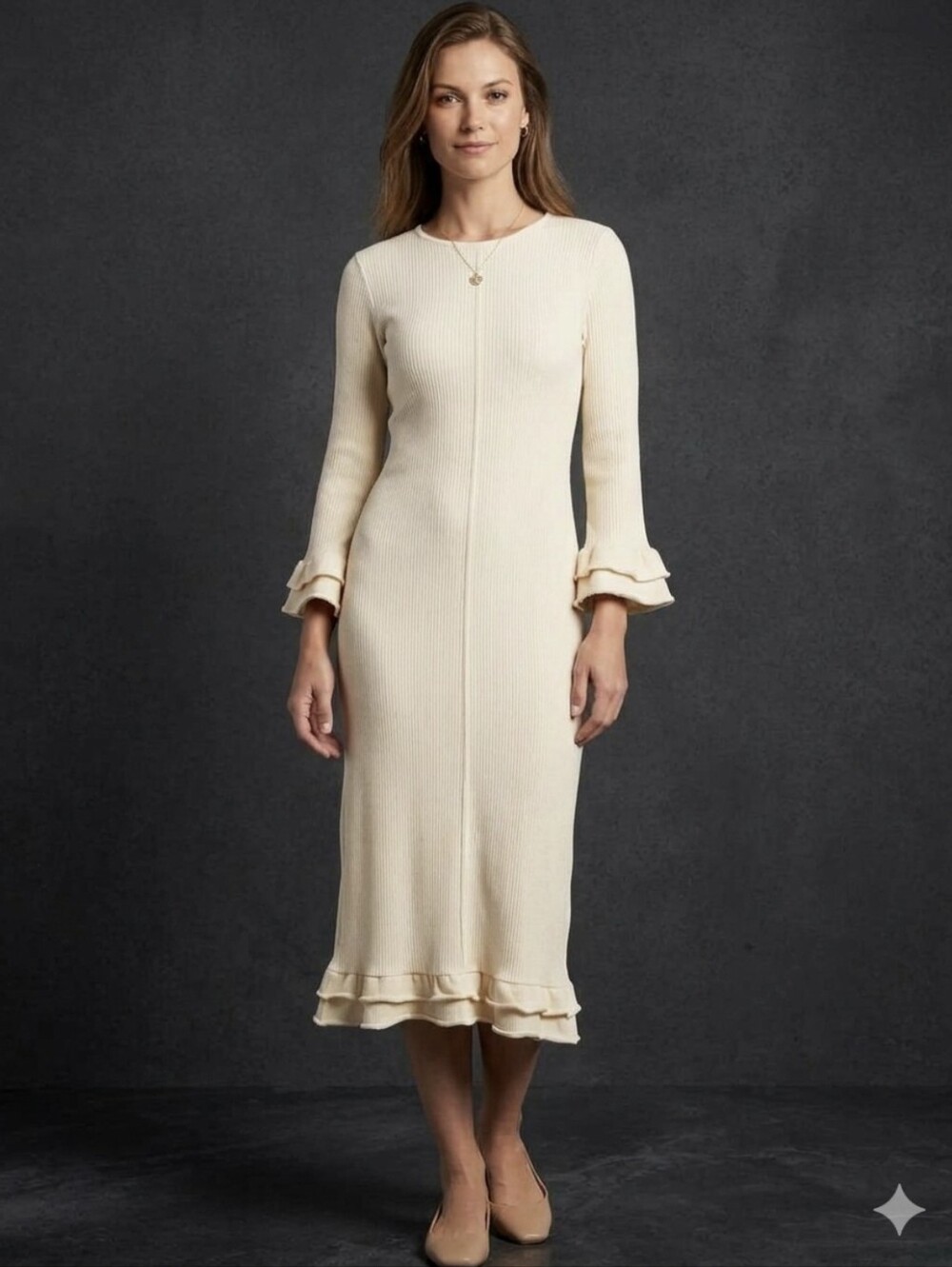 Worth Collective Womens Arlet Dress NWT Ivory Ribbed Knit Ruffle Hem Midi Large